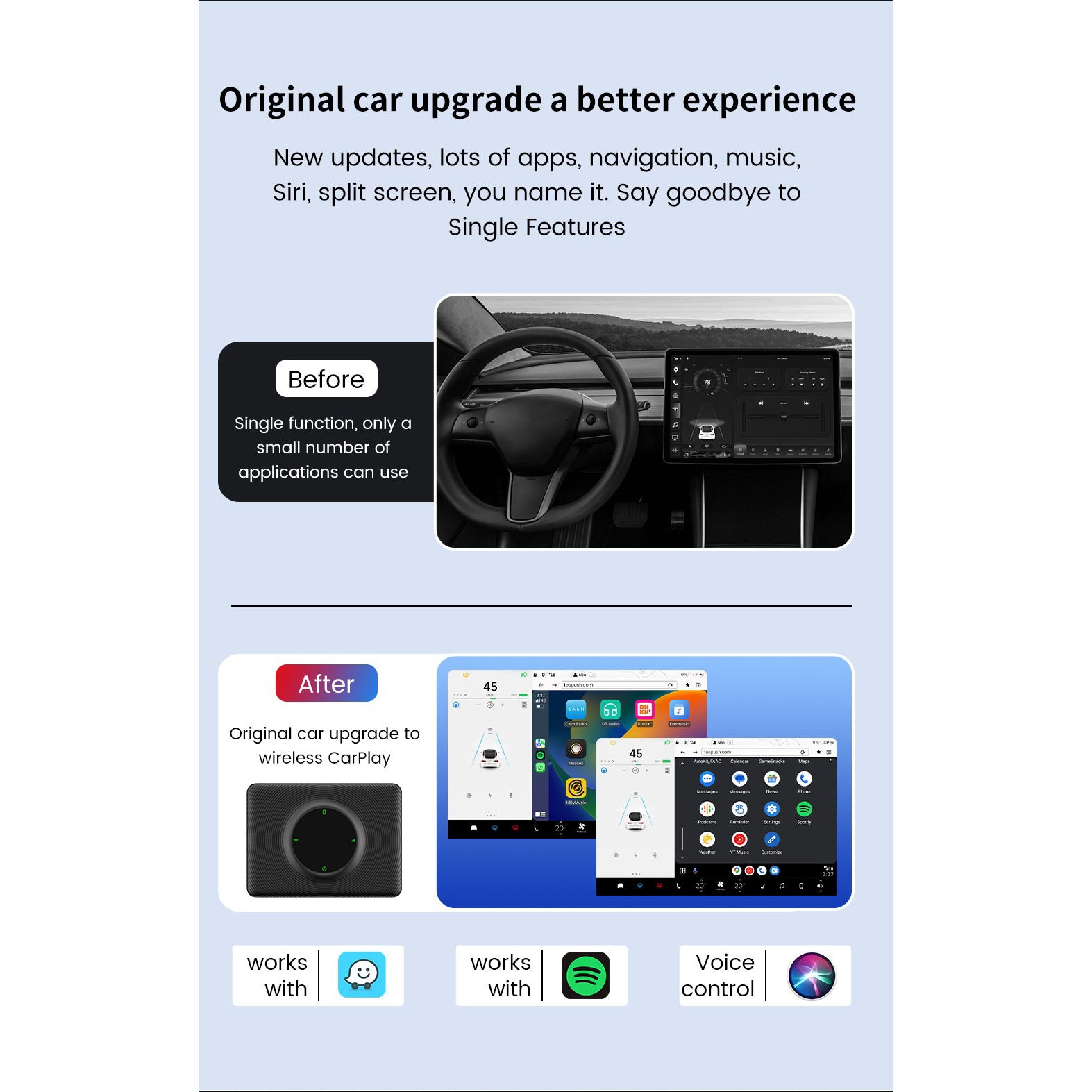 CP-AA-T Wireless CarPlay and Android Auto Upgrade for Tesla with Hands-Free Siri Control, More Navigation and Music Apps