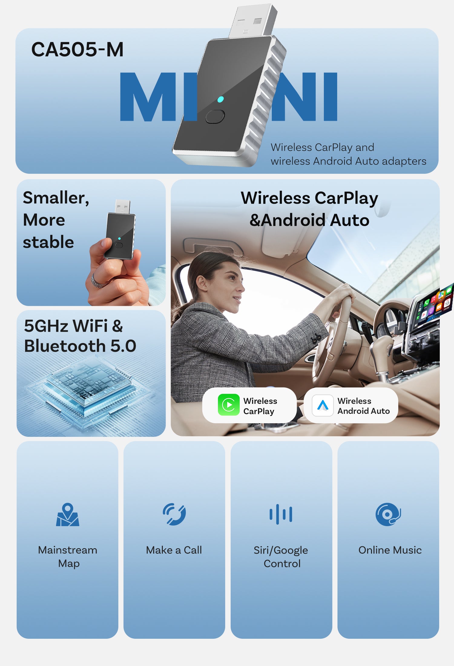 Smart World Micro CP-AA 2-in-1 Wireless CarPlay & wireless Android Auto Adapter – Compact & Fast Connection