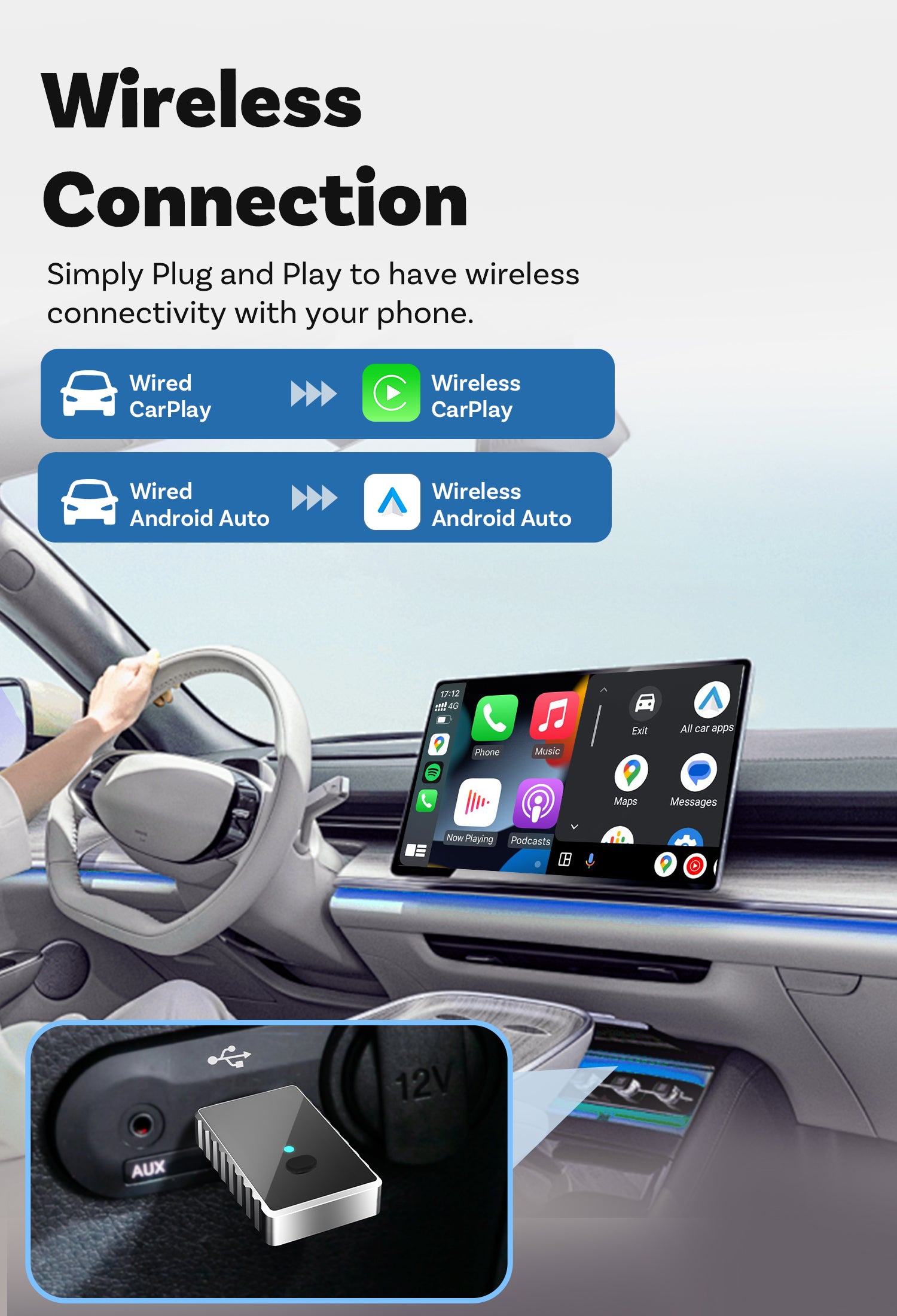 Smart World Micro CP-AA 2-in-1 Wireless CarPlay & wireless Android Auto Adapter – Compact & Fast Connection
